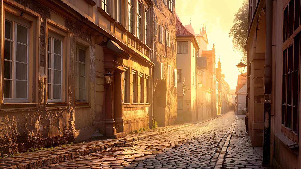 Early morning on a county-town street, the café entrance, sunlight just hitting the wooden sign